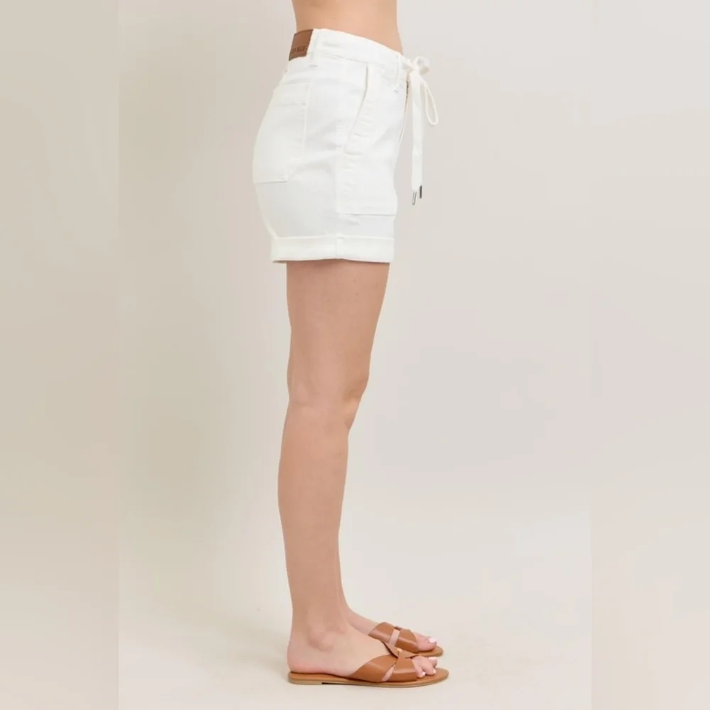 Judy Blue High Rise Jogger Denim Shorts Cuffed Tie Waist White Stretch S-3XL NEW - Picture 9 of 15
